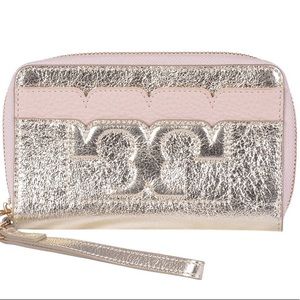 New!- Tory Burch Scallop T Metallic Gold and Pink Wristlet Clutch Fits i…